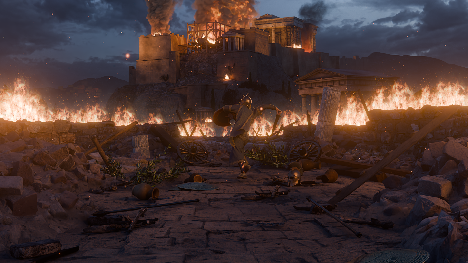 Gauntlet of God, a 3D artwork by Tivan Hajiloo showing Surena, a fictional ancient Persian soldier in a burning battlefield.