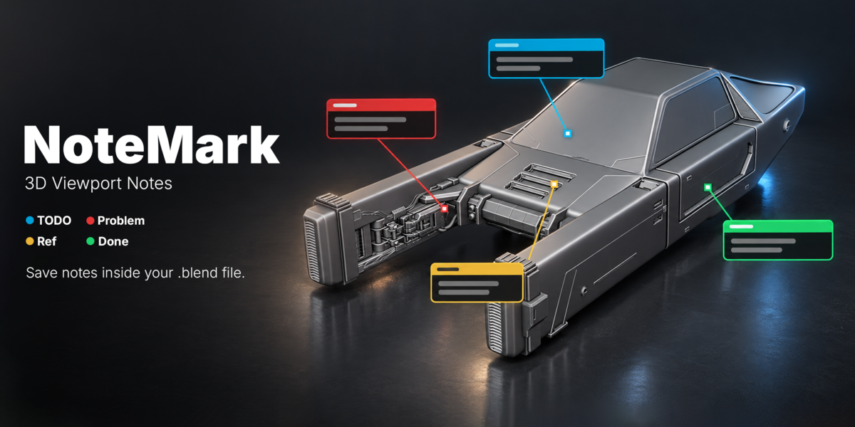NoteMark Blender add-on by Tivan Hajiloo showing color-coded notes anchored inside a Blender 3D scene.